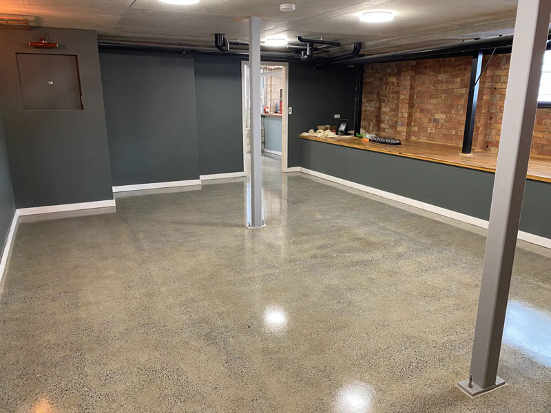 Commercial basement with polished concrete floor