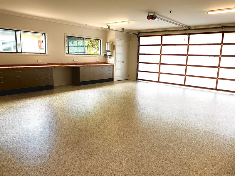 Large garage with professional epoxy installation